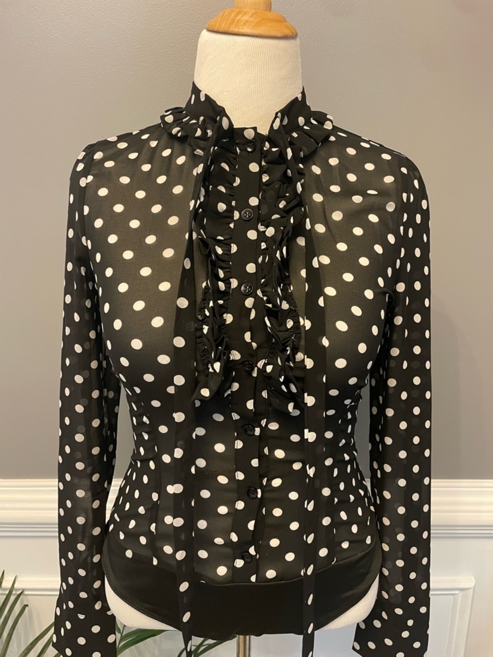 Fashion Nova Black and White Polka Dot Ruffle Tie-Neck Blouse - Picture 7 of 13
